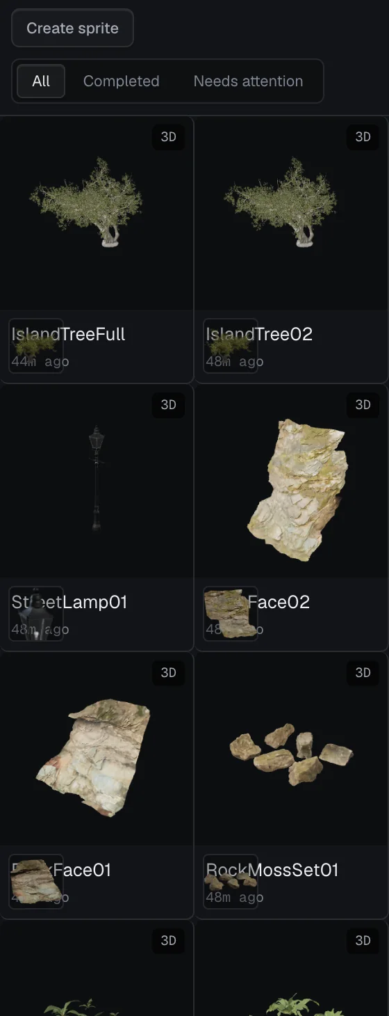 The Generations panel with imported trees, rocks, a street lamp and plants, each marked as a 3D asset