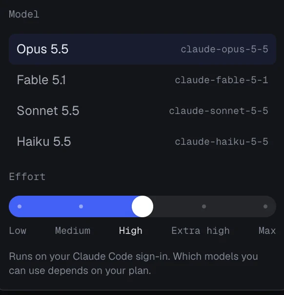 The model menu in the composer, listing Opus 5.5, Fable 5.1, Sonnet 5.5 and Haiku 5.5 with an effort slider