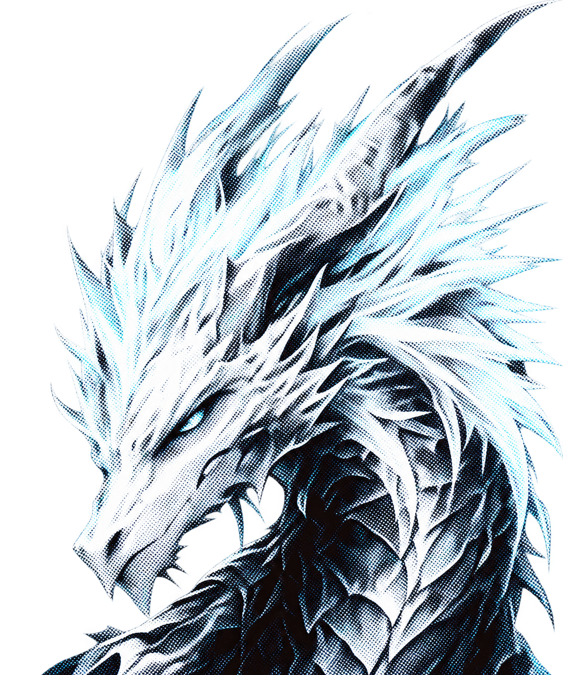 An icy white dragon portrait in distressed cyan and black halftone
